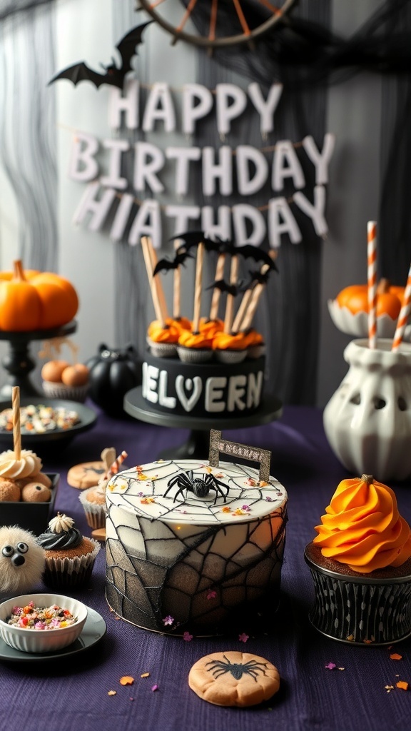 A Halloween-themed birthday party dessert table featuring a spider cake, cupcakes, cookies, and festive decorations.