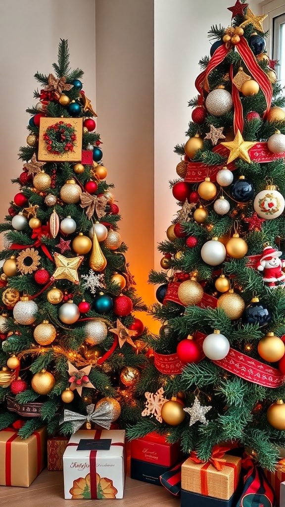 Two Christmas trees with different decorations and themes, one with gold and red ornaments and the other with red and black accents.