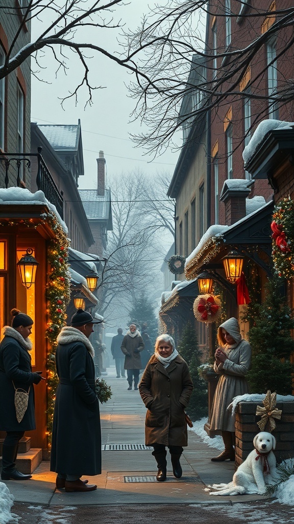 A snowy Victorian street decorated for Christmas with people interacting and a dog sitting.