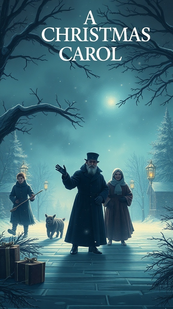 A Christmas Carol illustration featuring a snowy scene with characters representing themes of redemption and transformation.