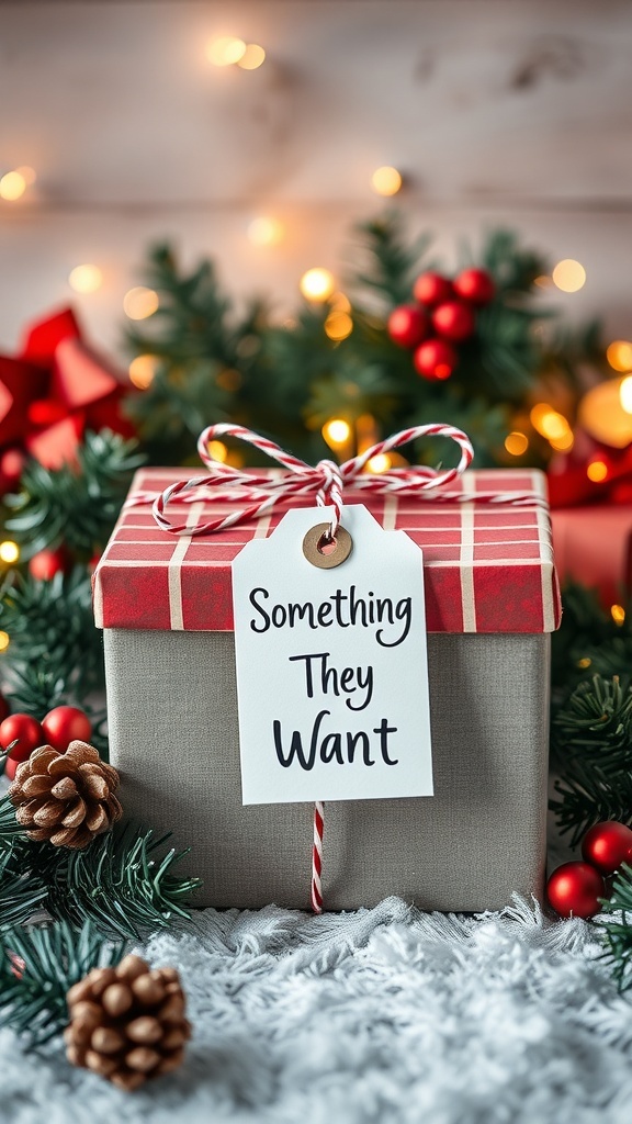 A beautifully wrapped gift with a tag that says 'Something They Want', surrounded by festive decorations.