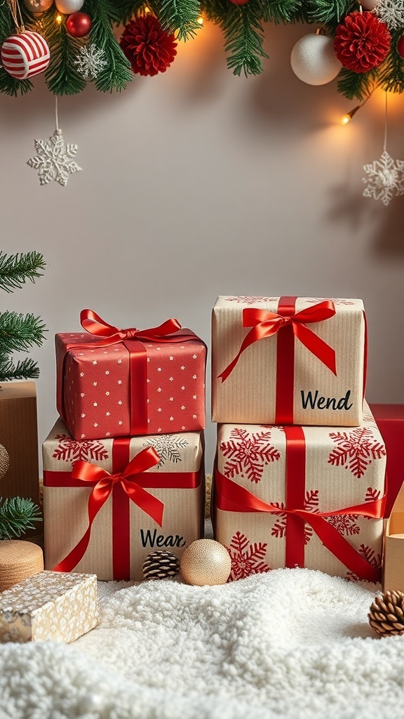 A festive display of wrapped Christmas gifts with red ribbons and tags, set against a cozy backdrop.