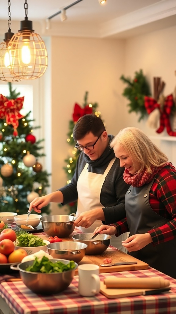 Two people cooking together in a festive kitchen, surrounded by ingredients and holiday decorations.