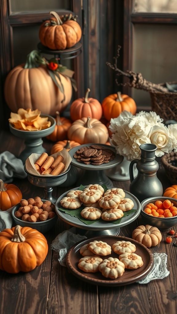A vintage Halloween treat display featuring pumpkin-shaped cookies, crunchy snacks, and decorative pumpkins.