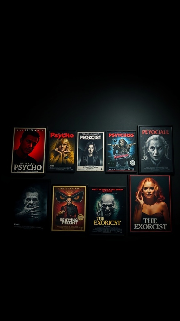 A collection of iconic horror movie posters including Psycho, The Exorcist, and The Texas Chainsaw Massacre.