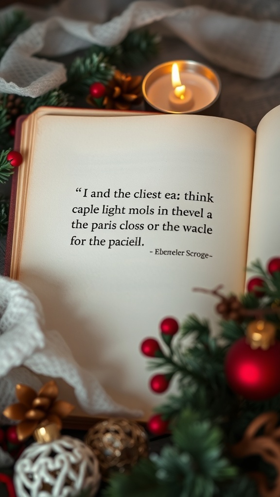 An open book with a quote from Ebenezer Scrooge, surrounded by festive decorations and a candle.
