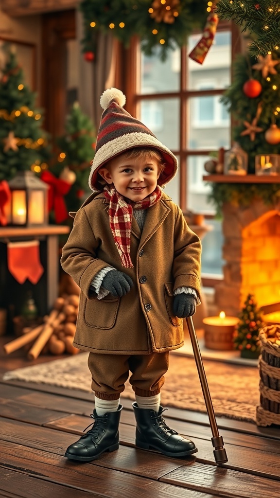 A young boy dressed as Tiny Tim from A Christmas Carol, wearing a brown coat, striped hat, and scarf, standing in a cozy holiday setting.