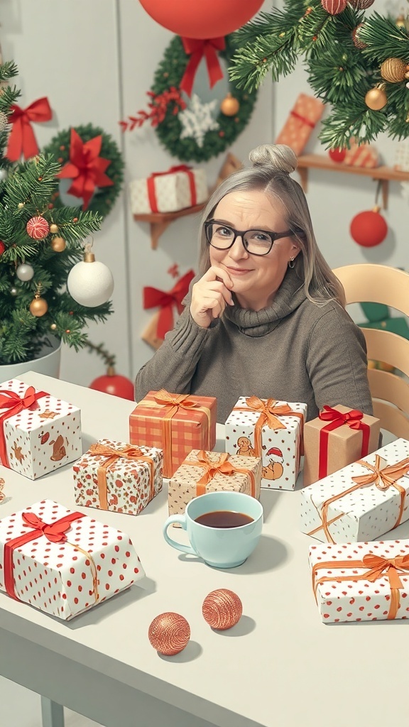 A woman surrounded by beautifully wrapped Christmas gifts, contemplating gift choices with a cup of coffee.