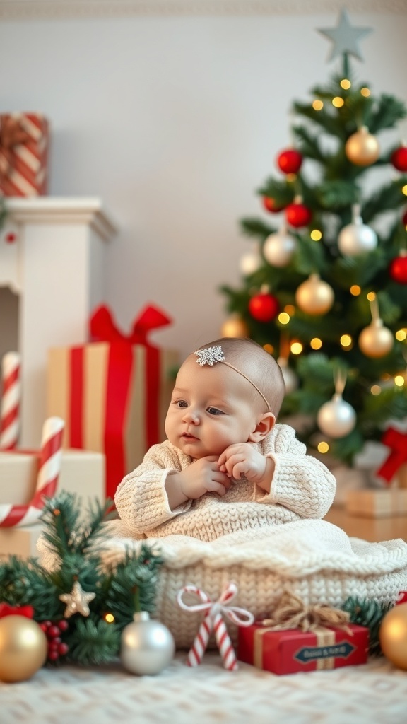 A five-month-old baby in a cozy sweater surrounded by Christmas decorations, including a tree and gifts.