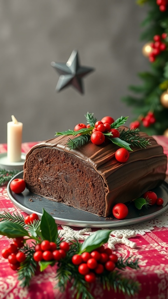 A traditional chocolate yule log cake decorated with red berries and greenery.