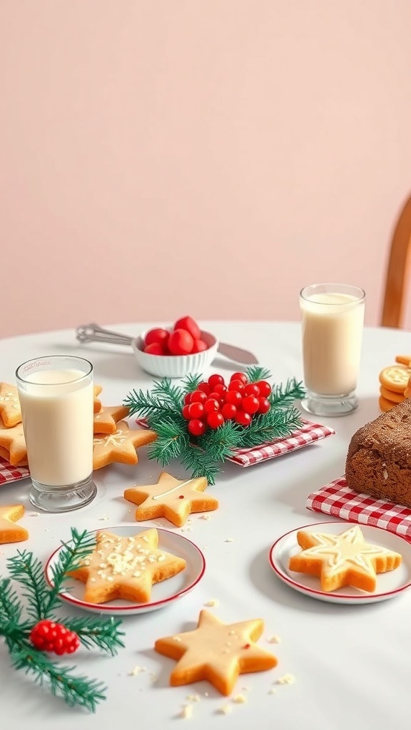 A festive table setting with star-shaped cookies, a loaf cake, milk, and cherries, evoking a 1950s Christmas vibe.