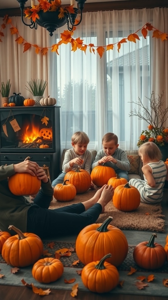 Children carving pumpkins in a cozy setting with autumn decorations.