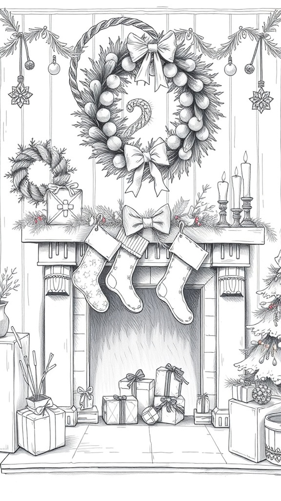 A cozy Christmas scene featuring a decorated wreath, stockings on a fireplace, and a Christmas tree with presents.