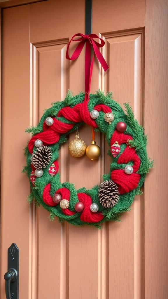 A traditional red and green yarn wreath with ornaments and pinecones hanging on a door.