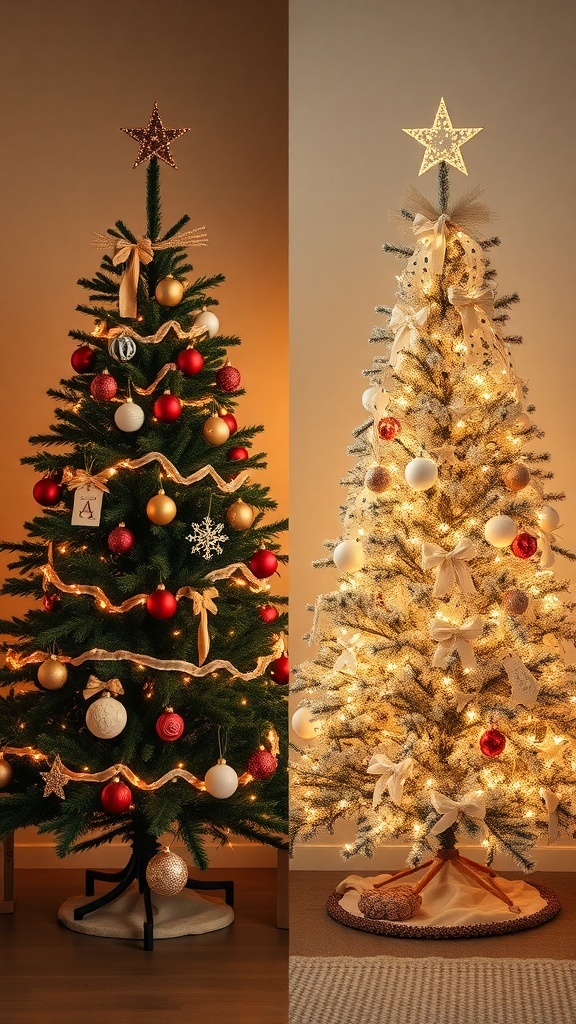 A traditional Christmas tree with red and gold decorations on the left and a modern white tree with elegant ornaments on the right.
