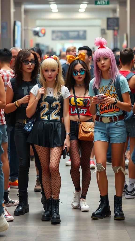 Group of friends in 2000s Halloween costumes, showcasing vibrant styles and accessories.