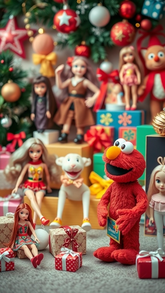 A festive display of toys including Elmo and various dolls surrounded by Christmas decorations and gifts.