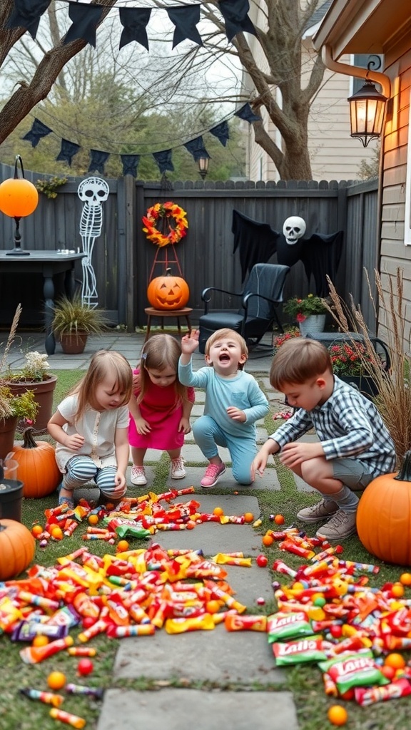Children enjoying a Halloween-themed treasure hunt with scattered candy in a decorated backyard.