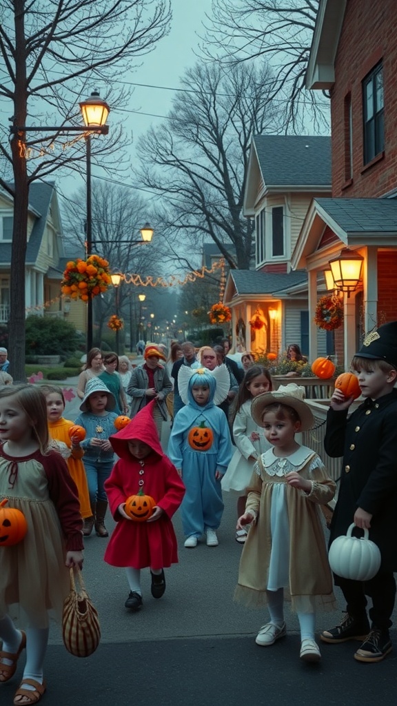 A group of children in costumes trick-or-treating on a Halloween night in a neighborhood.