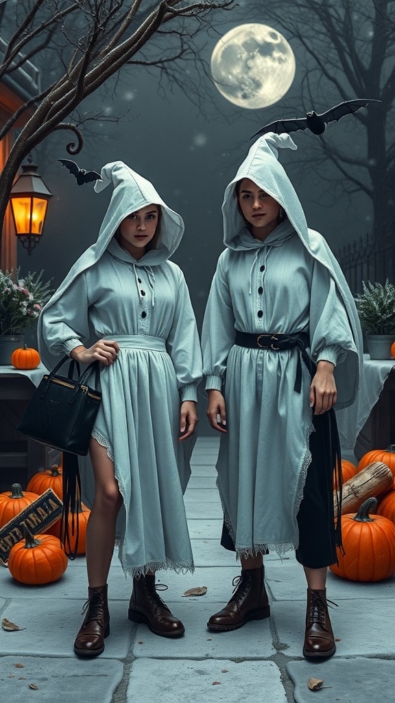Dos mujeres vestidas como cazafantasmas con capuchas y un fondo de luna llena y calabazas
