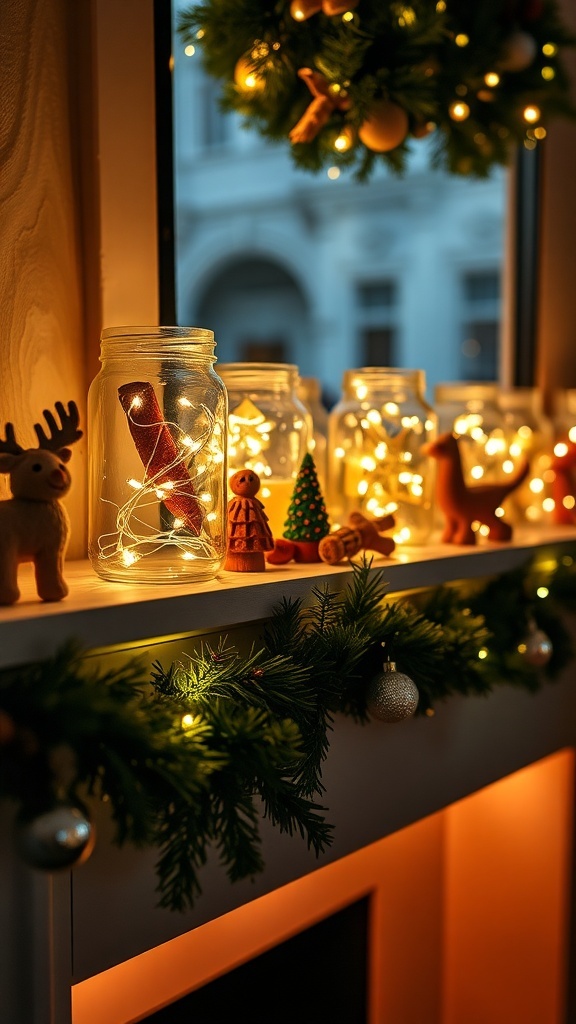 A cozy display of glass jars filled with twinkling fairy lights, surrounded by festive decorations.
