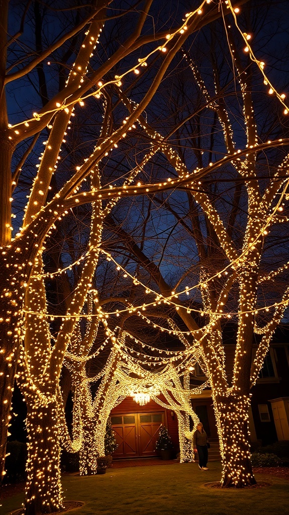 A beautiful display of twinkling string lights wrapped around trees in a yard, creating a magical atmosphere.