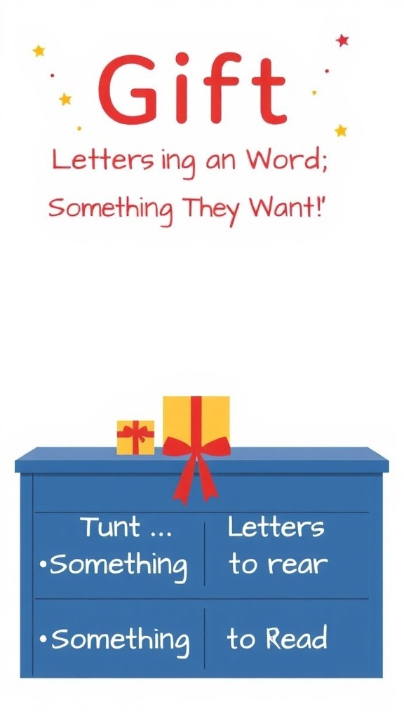 An illustration showing different types of gifts categorized as 'Something They Want,' 'Something to Read,' and 'Letters to Rear.'