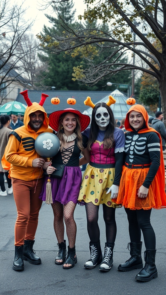 A group of friends in unique Halloween costumes, featuring a pumpkin-themed outfit, a witch, a skeleton, and a ghostly character.