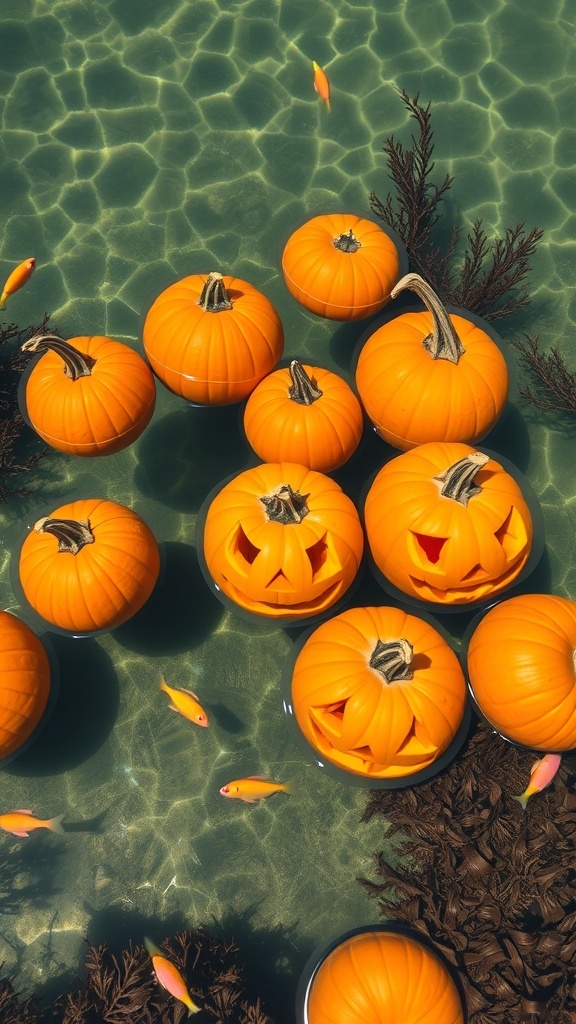 Underwater scene with floating carved pumpkins and colorful fish