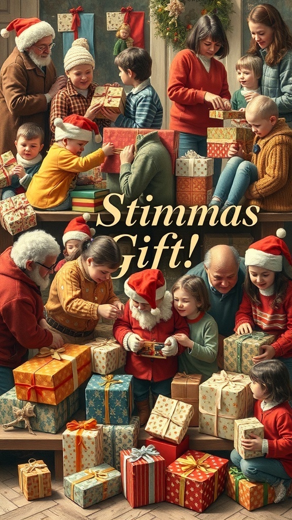 A festive gathering with children and adults around wrapped gifts, celebrating Christmas with Santa Claus.