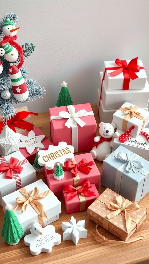 A collection of colorful 3D printed Christmas gifts with ribbons and decorations.