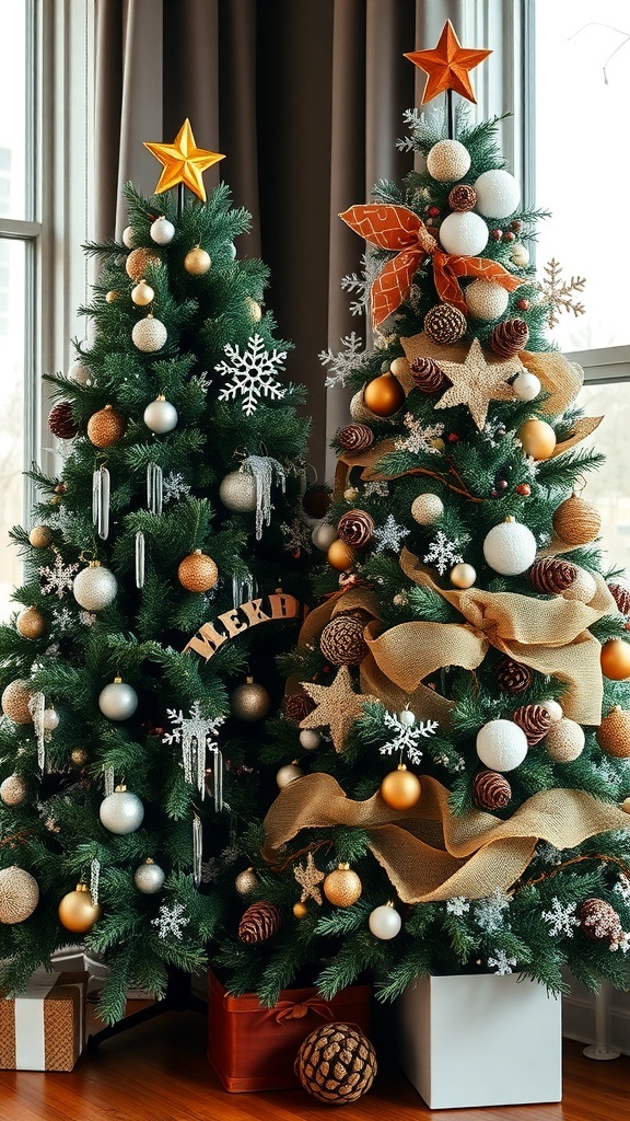 Two Christmas trees side by side, one with a classic gold and white theme and the other with a modern rustic design.