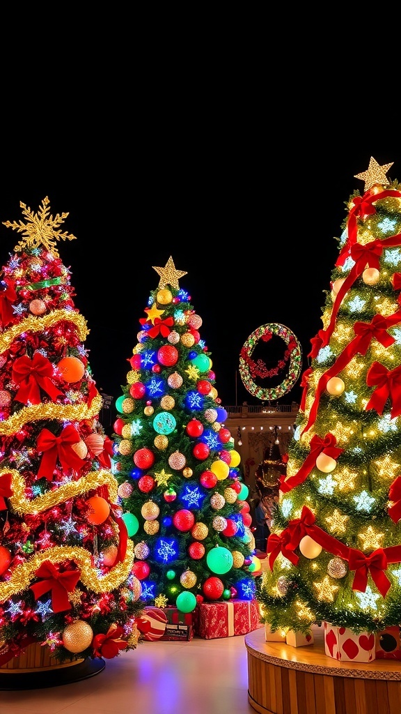 Four Christmas trees with unique decorations and themes
