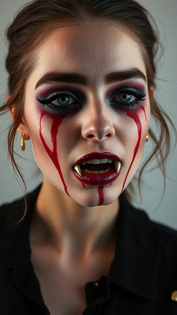 A close-up of a person with vampire makeup, featuring dramatic eye makeup, blood streaks, and fanged teeth.