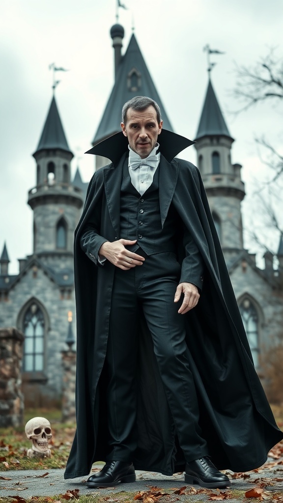 A modern vampire costume featuring a man in a black cape and suit standing in front of a gothic castle.