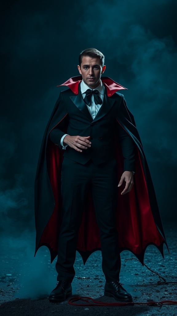 Hombre disfrazado de vampiro con capa roja y traje negro en un fondo oscuro con neblina.