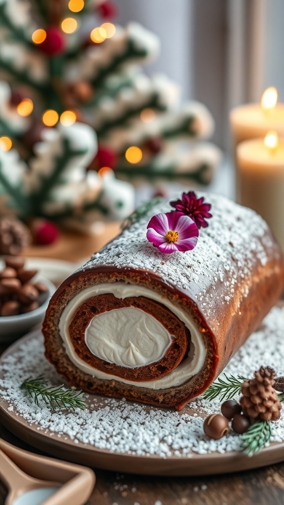 A beautifully decorated vegan yule log cake with coffee cream, set against a festive background with a Christmas tree and candles.
