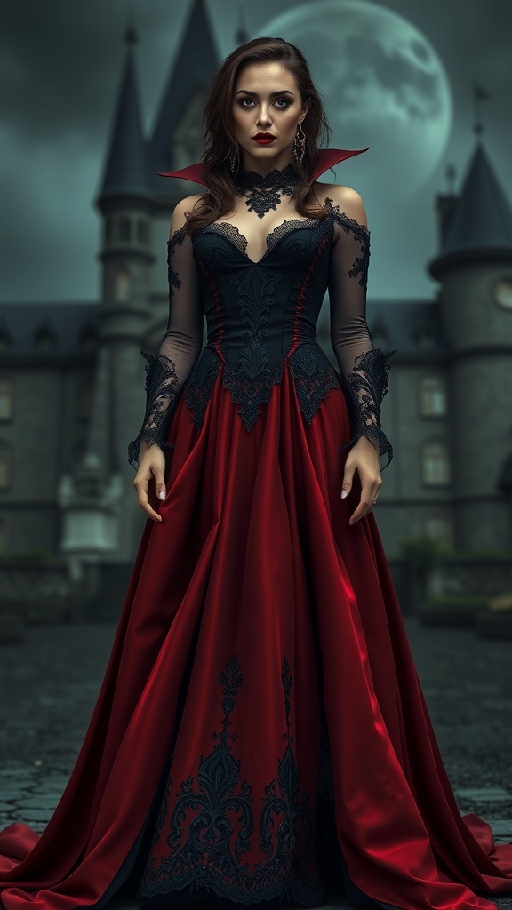 Vestido de vampira seductora en tonos rojo y negro, con detalles en encaje, frente a un castillo oscuro bajo la luna.