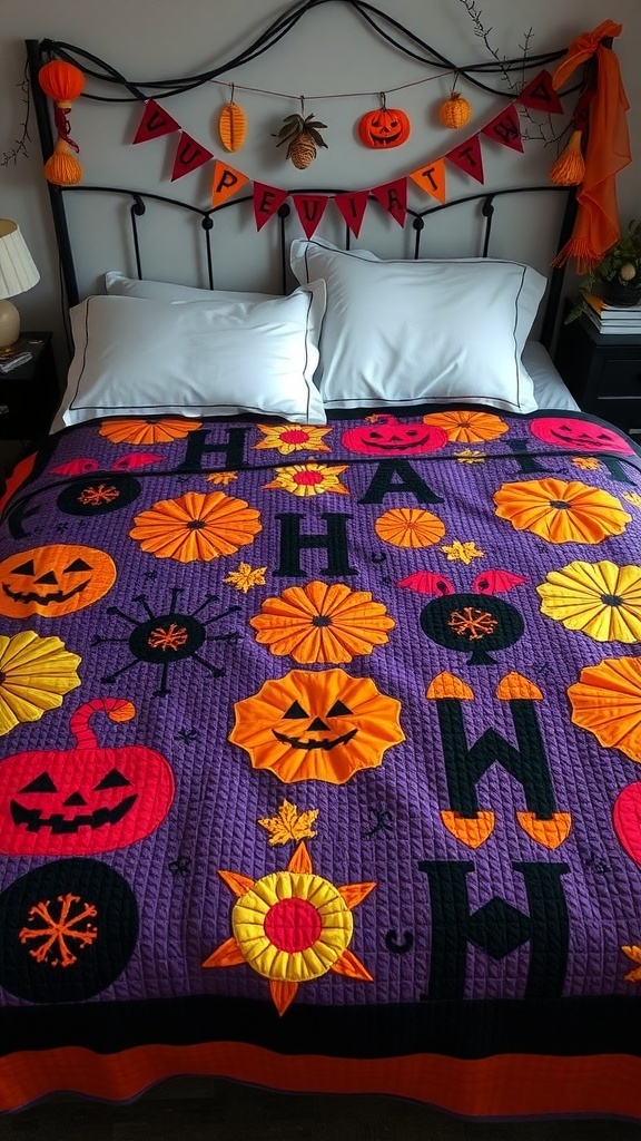 A colorful Halloween quilt featuring pumpkins, flowers, and playful designs on a bed with festive decorations in the background.