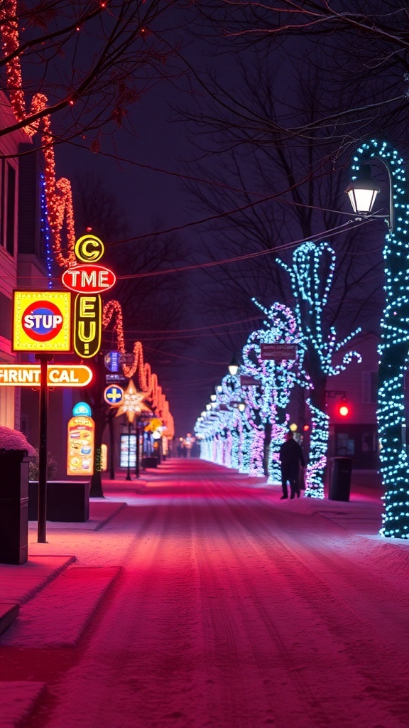 Colorful Christmas lights illuminating a snowy street at night.