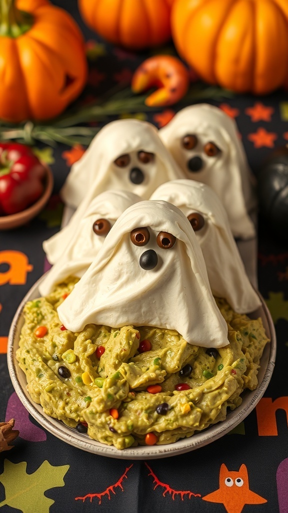 A plate of guacamole shaped like ghosts, topped with sour cream and chocolate eyes, surrounded by pumpkins and Halloween decorations.
