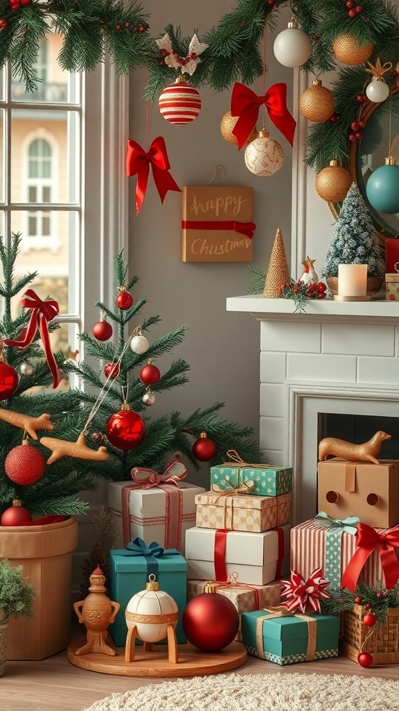 A cozy Christmas scene with a decorated tree, gifts, and festive ornaments.