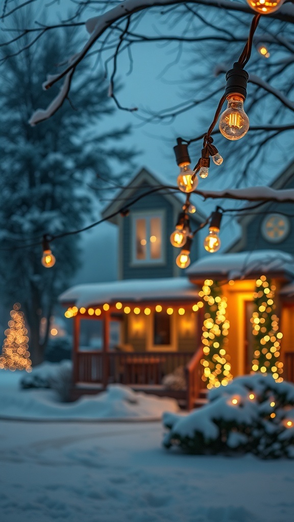 A vintage Christmas lights display on a snowy evening, featuring warm glowing lights on a house and a Christmas tree.