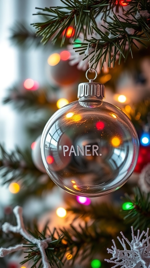 A vintage glass bauble with the word 'PANER.' hanging on a Christmas tree, surrounded by colorful lights.