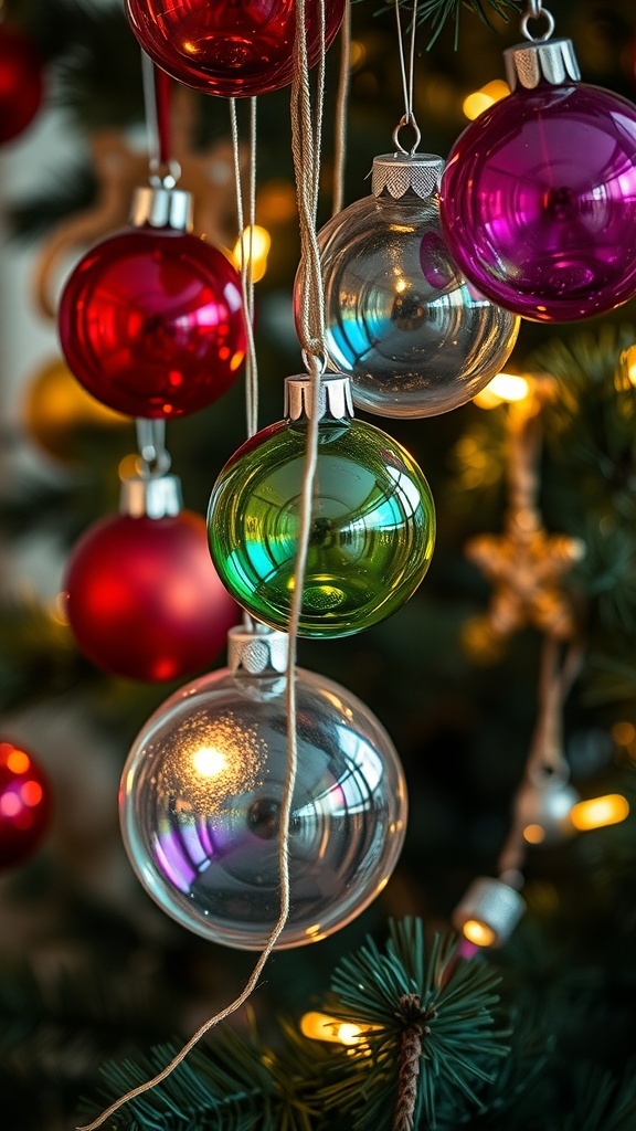 Colorful vintage glass baubles hanging on a Christmas tree