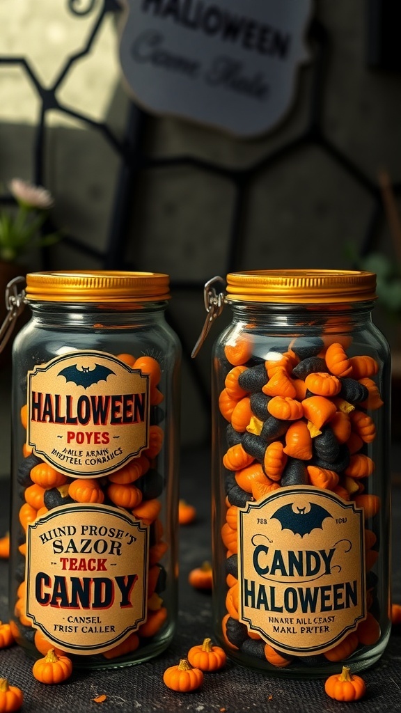 Two glass jars filled with Halloween candy, featuring vintage labels in orange and black colors.