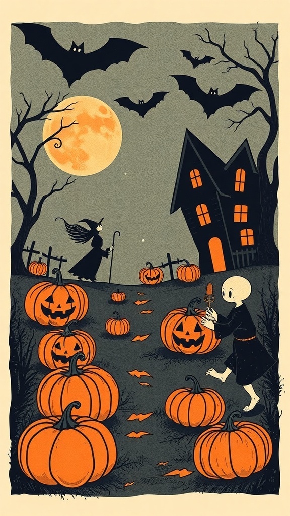 Vintage Halloween illustration featuring a witch, a skeleton, carved pumpkins, and bats against a full moon.