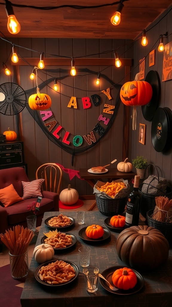 A vintage Halloween party setup with string lights, carved pumpkins, and a table filled with snacks.