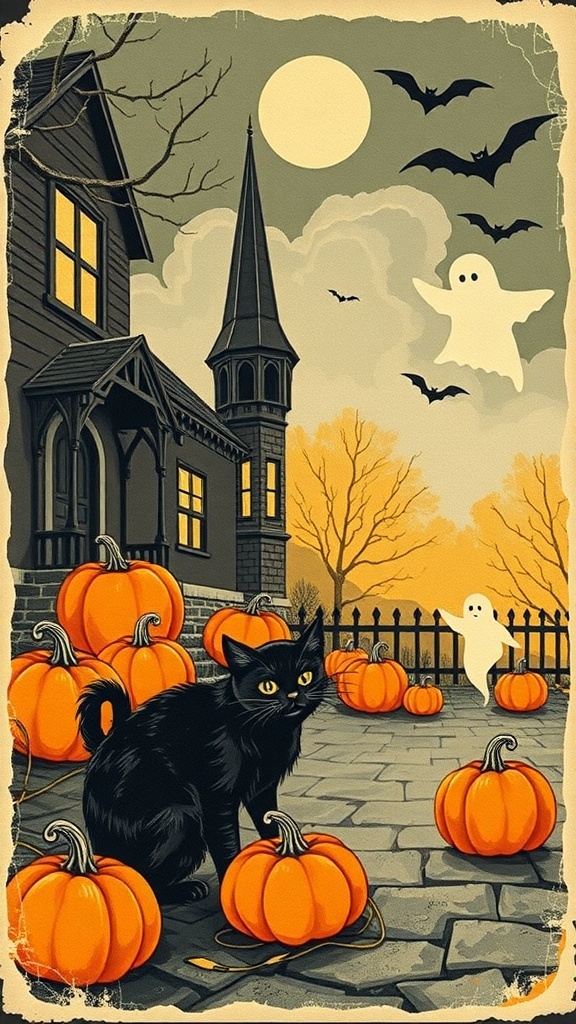 Vintage Halloween postcard design featuring a haunted house, pumpkins, a black cat, and playful ghosts.
