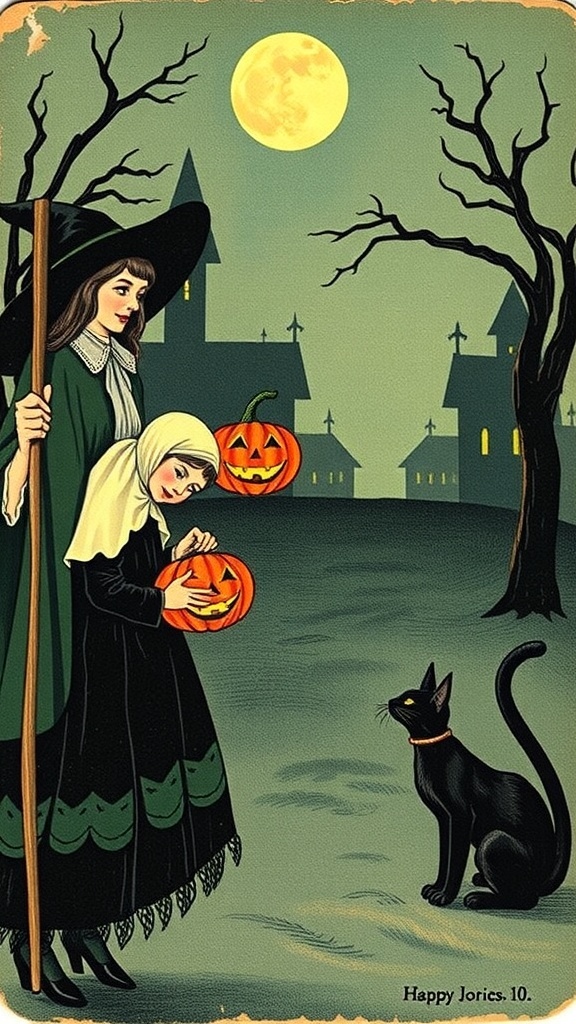 A vintage Halloween postcard featuring a witch and a girl with pumpkins under a full moon.